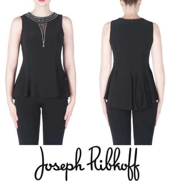 Like New Joseph Ribkoff Black Top Peplum Hem Silver Embellished Neckline Size 12 - Picture 1 of 15